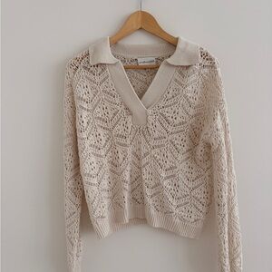 Open-Knit Collared V-Neck Sweater in Cream